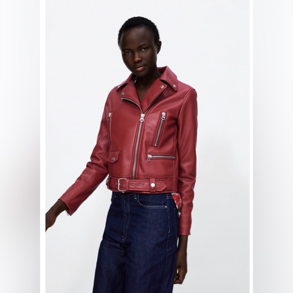 NEW Zara Vegan Faux Leather Red Motorcycle Moto Biker Jacket NWT XS! - Picture 2 of 11